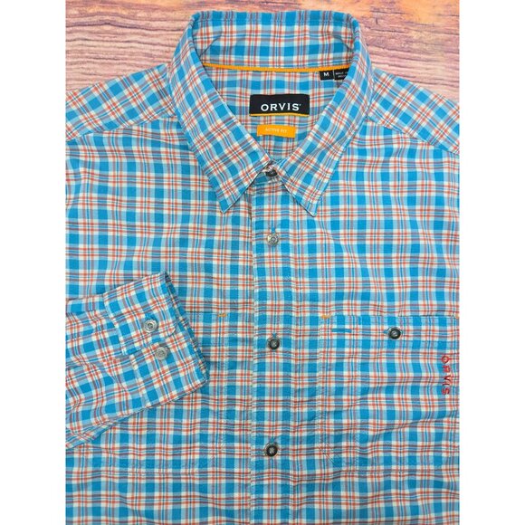 Orvis Mens Active Fit Plaid Button-Down Shirt Medium Blue/Orange Nylon/Polyester - Picture 4 of 10